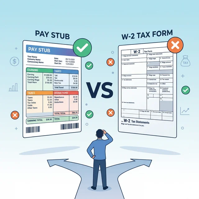 Comparison of a paystub and a W2 form, highlighting their differences for official use