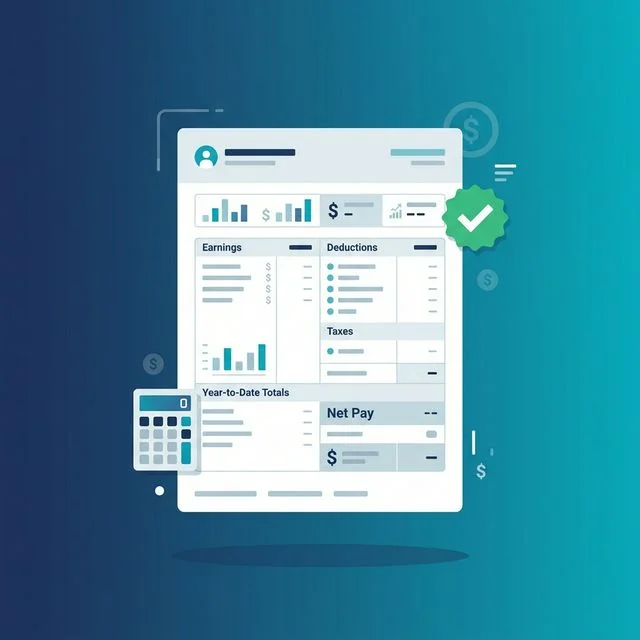 A person looking at a digital check stub on a laptop screen, with a calculator and coffee nearby.