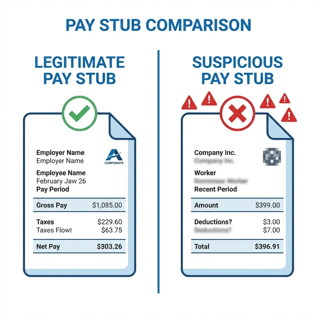 Educational graphic for Fake Pay Stub vs Real Pay Stub: How to Tell the Difference (2026 Detection Guide) - Legal guide