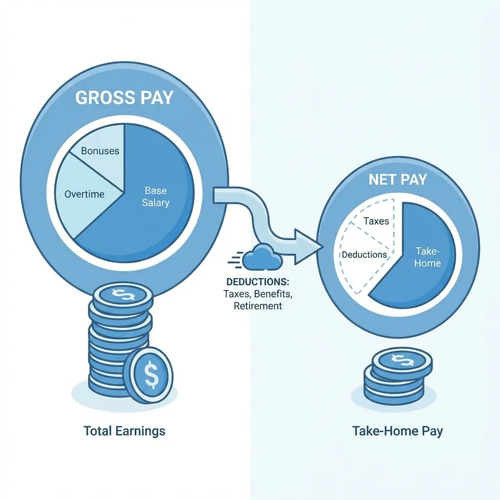 Educational graphic for Gross Pay vs Net Pay: Complete Guide to Understanding Your Paycheck (2026) - Education guide
