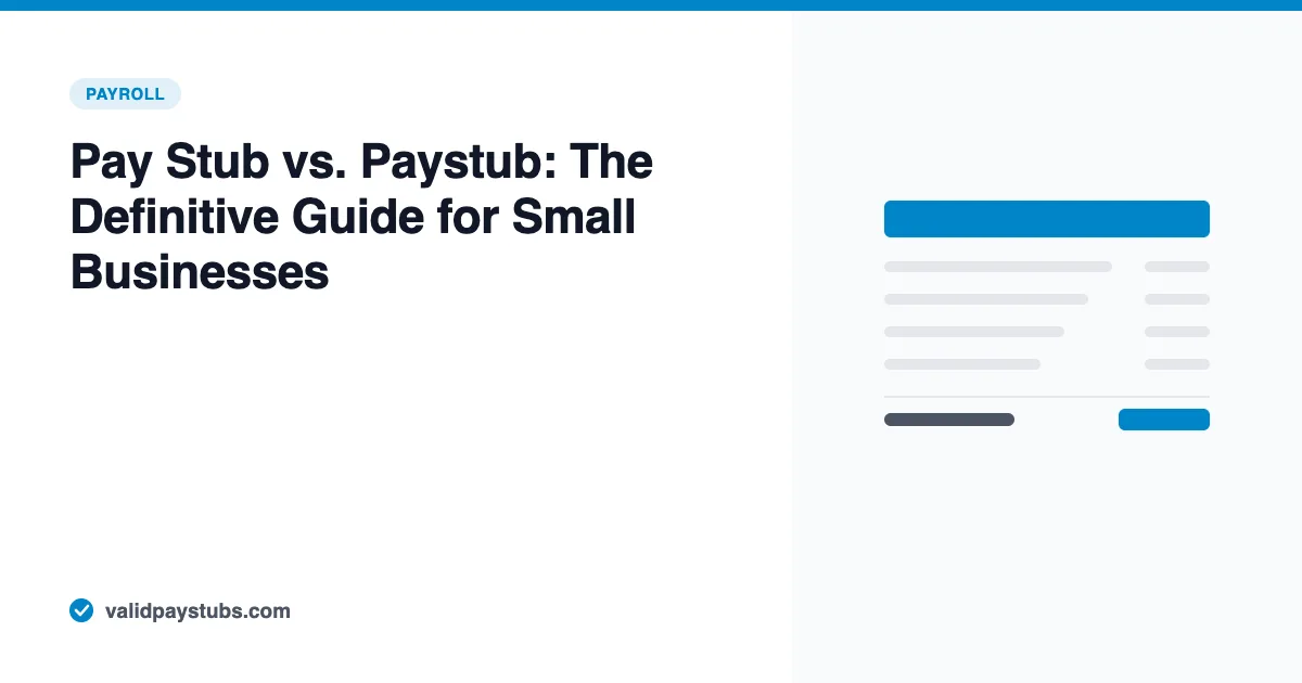 Pay Stub vs. Paystub: The Definitive Guide for Small Businesses — ValidPaystubs article illustration showing a stylised pay stub