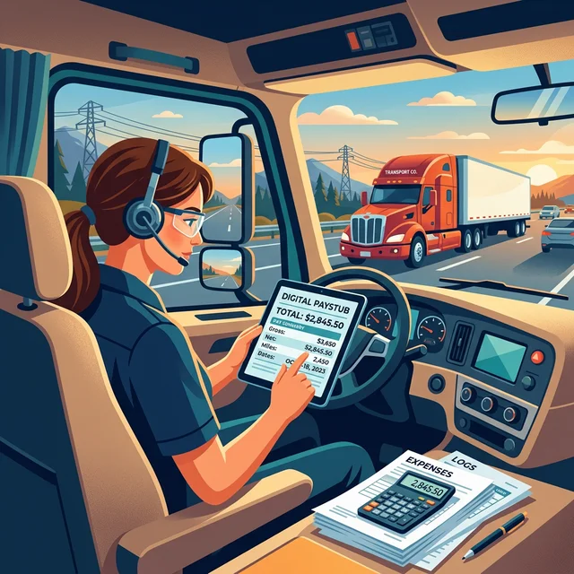 A truck driver reviewing a digital paystub on a tablet with a semi-truck in the background.