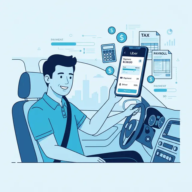 A person in a car, looking at a smartphone with an Uber app, representing an Uber driver managing their finances.