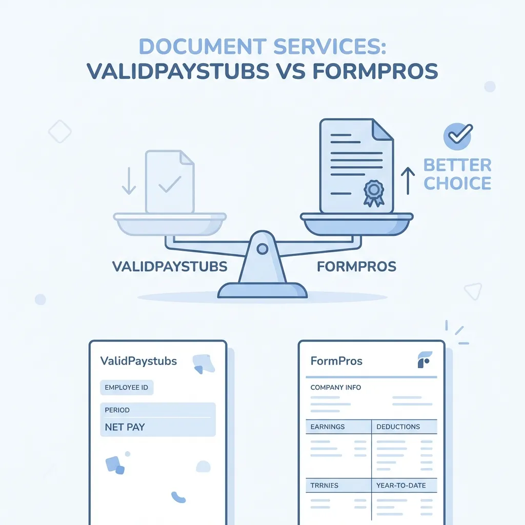 Educational graphic for ValidPaystubs vs FormPros: Complete 2026 Comparison (Pricing, Features & Accuracy) - Comparisons guide